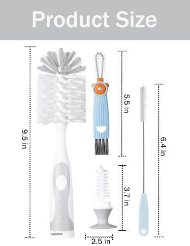 Baby Bottle Brush Set 4 in 1, Baby Bottle Cleaner, with 1P Nylon Bottle Brush, 1P Bottle Cap Brushes, 2P Straw Brushes, Bottle Brush with Nipple Cleaner and Suction Cup, BPA-Free(Grey) - color: Grey-nylon Brush
