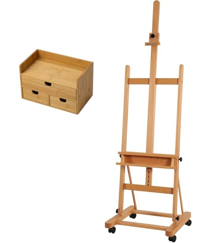 MEEDEN Large Studio H-Frame Beech Wood Artist Easel & Bamboo Desk Organizer with Drawers
