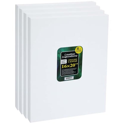 Creative Inspirations Stretched Canvas 4 Pack - 1-1/2" Deep, 16x20, 11oz Sealed & Double-Primed Cotton Canvases, Pine Stretcher Frame, Archival All-Media Primer - Alkyd, Acrylic & Oil Painting - size: 16x20"