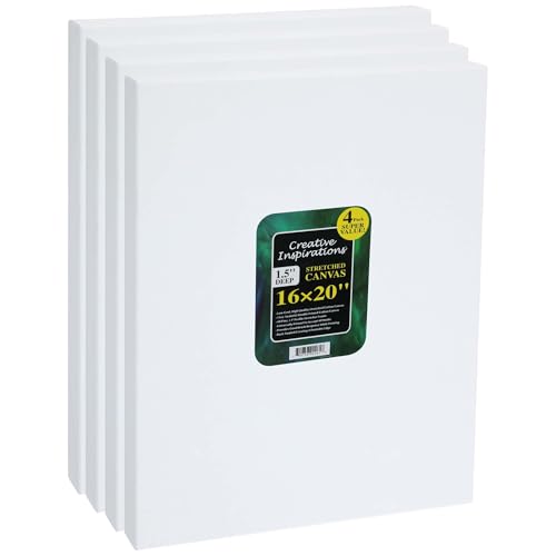 Creative Inspirations Stretched Canvas 4 Pack - 1-1/2" Deep, 16x20, 11oz Sealed & Double-Primed Cotton Canvases, Pine Stretcher Frame, Archival All-Media Primer - Alkyd, Acrylic & Oil Painting - size: 16x20"