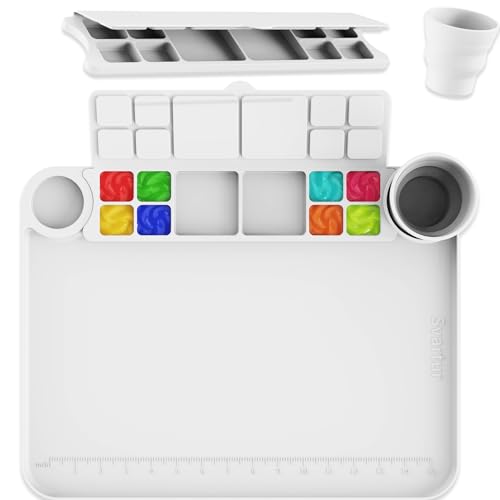 Svartur Silicone Painting Mat with Cup and Palette Removable, 17"X13" Thick Silicone Art Mat for Craft with Raised Edge for Resin DIY Making, White - color: White