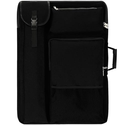 TreochtFUN Art Bags for Supplies Portfolio Case 19 X 25.5 in | for Storage A2 Canvas Board A3 Sketchbook - Carrying Artwork with Backpack & Tote-handle - color: Black