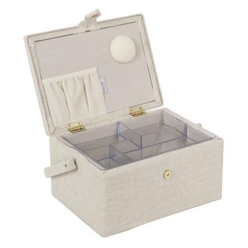 Hobby Gift Medium Sewing Box Organiser, Fabric Covered Storage Box with Handle, Internal Tray, Pin Cushion and Pocket for Sewing, Quilting and Knitting Supplies - color: Embroidered Eucalyptus