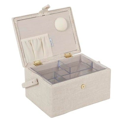 Hobby Gift Medium Sewing Box Organiser, Fabric Covered Storage Box with Handle, Internal Tray, Pin Cushion and Pocket for Sewing, Quilting and Knitting Supplies - color: Embroidered Eucalyptus