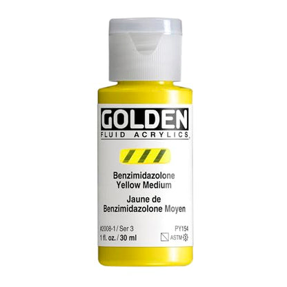 GOLDEN Fluid Acrylics, Benzimidazolone Yellow Medium, 1 fl. oz. Bottle, Professional Acrylic Paint, Semi-Transparent