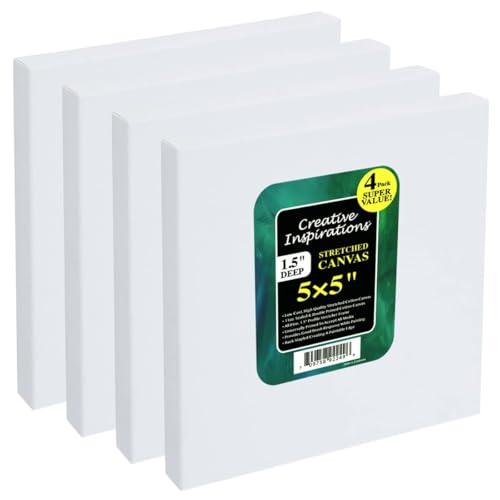 Creative Inspirations Stretched Canvas 4 Pack - 1-1/2" Deep, 5x5, 11oz Sealed & Double-Primed Cotton Canvases, Pine Stretcher Frame, Archival All-Media Primer - Alkyd, Acrylic & Oil Painting - size: 5x5"