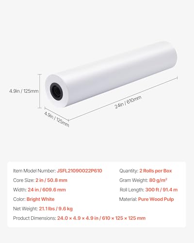 VEVOR Wide Format Paper, 24 in x 300 ft Plotter Roll, 2 Rolls CAD Bond Rolls with 2 in Core, 20 LB Bond Paper Rolls, Ideal for CAD Drawings, Engineering Plans, GIS Maps, and Architectural Designs - size: 24 in x 300 ft, style: 2 Rolls