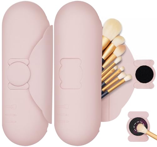 Travel Makeup Brush Holder with Cleaning Pad -Silicone Brush Organizer Case, Magnetic Closure Waterproof Cosmetic Bag for Easy Storage & On-the-Go Cleaning (9.05 Inch) - color: Pink