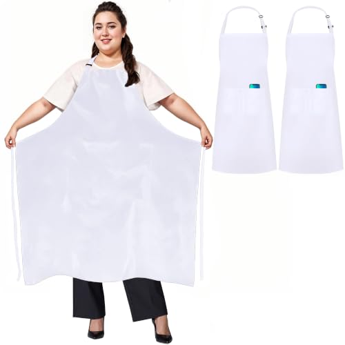 2 Pack Plus Size Chef Apron, Large Adjustable Aprons with Pockets for Men Women Waiter Waitress, Black White (XXXL) - color: White