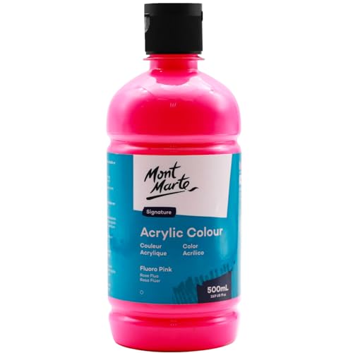 Mont Marte Signature Fluoro Pink Acrylic Paint, 16.9oz (500ml), Semi-Matte Finish, 12 Colors, Suitable for Canvas, Wood, Fabric, Leather, Cardboard, Paper, MDF and Crafts - color: Fluoro Pink, size: 16.9 Fl Oz (Pack of 1)