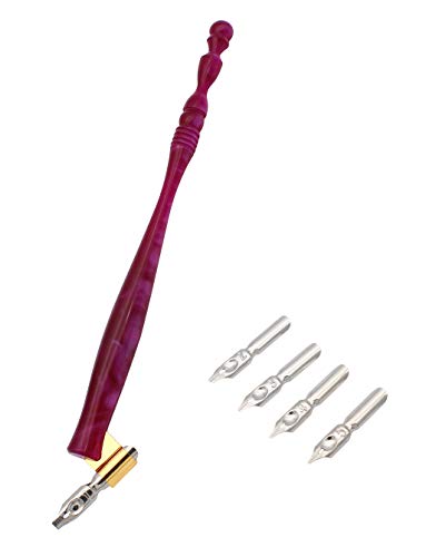 XIAOYU Calligraphy Oblique Nib Pen Holder, English Calligraphy Pen Nib Holder, Resin Dip Pen Handle Nib Holder with 5 Flat Nibs, Pruple and Red - color: Pruple & Red