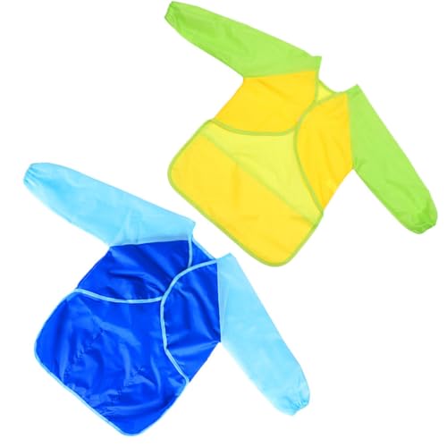 Waterproof Long Sleeve Apron with 3 Pockets, Artist Painting Apron Set (blue Yellow, M) for Art and Craft Activities