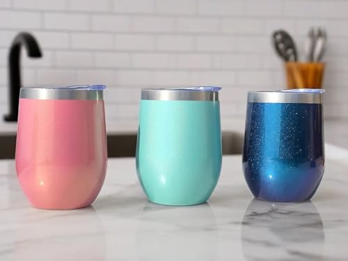 CHILLOUT LIFE 12 oz Stainless Steel Wine Tumbler with Lid - Double Wall Vacuum Insulated Wine Cup Glass Keeping Cold & Hot for Coffee, Champagne, Cocktails, Ice Cream - Blue Sparkle - color: Blue Sparkle, style: 1 Pack