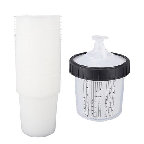 Paint Spray Cup Liners Lid System ABS Disposable Paint Spray Cup Set 20.3oz 600ml with 50 Liners 50 Filter Lids Leak Mixing for HVLP LVLP Painters