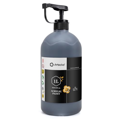 Artecho Mars Black Acrylic Paint 1000ml / 33.8 fl oz Pump Dispenser | Large Bottle, Semi Glossy Finish, High Pigment Rich Color Craft Paint for Canvas, Rocks, Wood, Ceramic, Easy dispensing - color: Mars Black, size: 33.8 Fl Oz (Pack of 1)