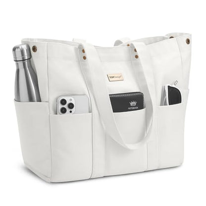 TOPDesign Large Canvas Tote Bag for Women, Shoulder Bag with Laptop Sleeve & Pockets, Everything Tote for Travel, Work (White) - color: White