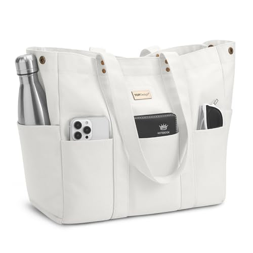 TOPDesign Large Canvas Tote Bag for Women, Shoulder Bag with Laptop Sleeve & Pockets, Everything Tote for Travel, Work (White) - color: White