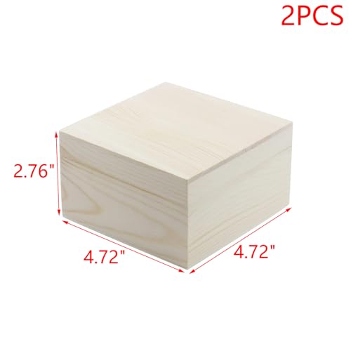 MY MIRONEY 2Pcs Wooden Unfinished Storage Box with Top Lid 4.72" x 4.72" Square Wooden Pine Box DIY Craft Stash Boxes Gift Box for Arts Hobbies and Home Storage - size: 4.72" x 4.72"