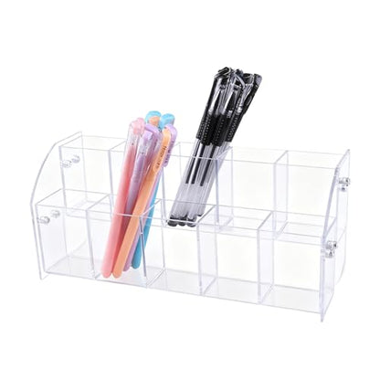 Multi-Compartment Clear Acrylic Pen Holder for Desk | Slanted Desktop Pencil Organizer & Marker Storage Case | Premium Hardware Stationary Cup for Home & Office (2 Tier) - size: 2 Layers