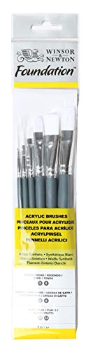 Winsor & Newton Foundation Synthetic Acrylic Brush Set, Short Handle, Round, Filbert & Flat, 6 Pack - size: Round 3 & 6, Filbert 3 & 6, Flat 10 & 14, style: Short Handle