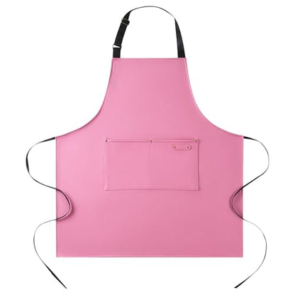 eywlwaar PU Waterproof Apron with 2 Big Pockets Adjustable Oil Proof Apron for Kitchen Dishwashing Cooking 29.92"x 26.77" - color: Pink
