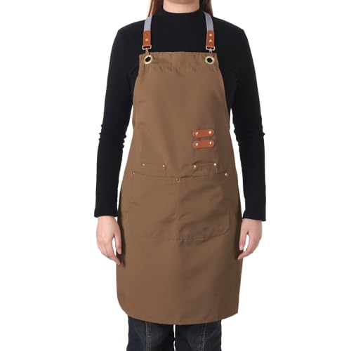 Aoomzoon Durable Kitchen Apron,Multifunctional Chef Aprons for Women & Men with Pockets for Cooking Baking & Daily Use - color: Brown