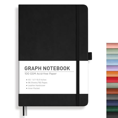 RETTACY Graph Grid Paper Notebook, 192 Pages, A5 Medium Size (5.7'' x 8.3''), 5 Squares per Inch, Leather Hardcover, 100 GSM Thick Paper, for School, Students, Math, Engineering (Black) - color: Black, style: Grid