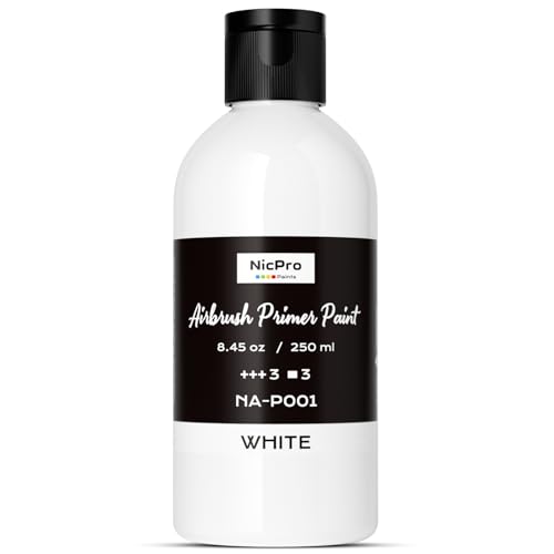 Nicpro White Surface Primer Airbrush Paint (8.4oz, 250 ml), Matte Finish, Ready To Spray Air Brush Water-Based Acrylic Primer for Beginners & Artists Priming Plastic Models, Miniatures, Figures, Craft - color: White, size: 8.45 Fl Oz (Pack of 1)