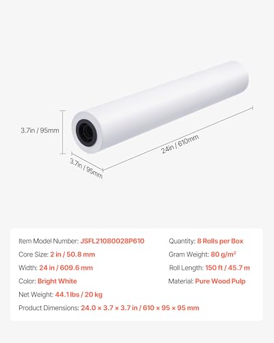 VEVOR Wide Format Paper, 24 in x 150 ft Plotter Roll, 8 Rolls CAD Bond Rolls with 2 in Core, 20 LB Bond Paper Rolls, Ideal for CAD Drawings, Engineering Plans, GIS Maps, and Architectural Designs - size: 24 in x 150 ft, style: 8 Rolls