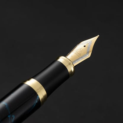 Luxury Fountain Pen Set – 46g Metal Calligraphy Pen with Gift Box, 2 Ink Cartridge Sets (Black & Blue), Flex Nib Writing Pen for Beginners & Professionals (Black with Blue Fireworks) - color: Black with Blue Fireworks