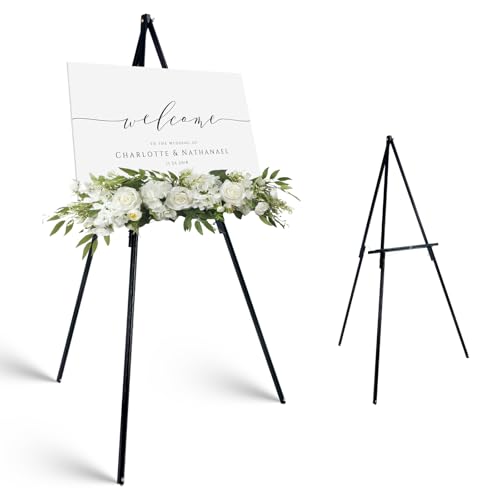 Artkey Black Wooden Tripod Display Easel Stand, 56.5" Adjustable Floor A-Frame Sign Holder, Solid Pine Wood with Support Chain, 1 Pack