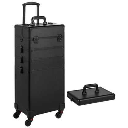 Somduy Rolling Makeup Case, Makeup Train Case with Lid, 5 in 1 Cosmetology Case on Wheels, Christmas Gift, Large Makeup Organizers, Profesional Cosmetic Case for Salon Barber, Black - color: Black