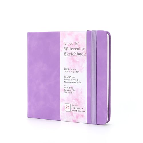 tumuarta Square Watercolor Sketchbook, 6x6 in,140 LB, 300GSM, 100% Cotton, Cold Press, Acid Free, 24 Sheets,48 Pages, Watercolor Journal for Use As Travel Notebook and Mixed Media Pad On The Go - color: Purple, size: 6"x6"