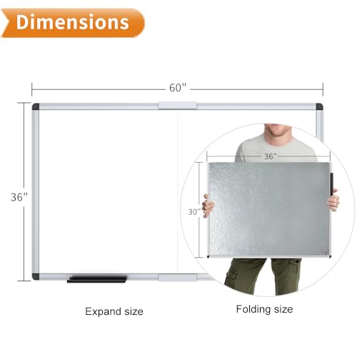 VIZ-PRO Magnetic Dry Erase Board, 60 X 36 Inches, Foldable Wall-Mounted Whiteboard with Silver Aluminum Frame & Marker Tray for School Office and Home 5' X 3' - size: 60 X 36 Inches