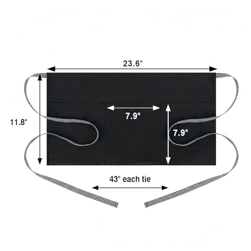 BOHARERS 3-Pocket Waist Apron With Black And White Plaid Shoulder Straps - Black Waitress Waiter Server Short Aprons - color: A2-1 Pack Black and White Plaid Straps
