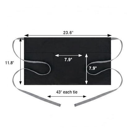 BOHARERS 3-Pocket Waist Apron With Black And White Plaid Shoulder Straps - Black Waitress Waiter Server Short Aprons - color: A2-1 Pack Black and White Plaid Straps