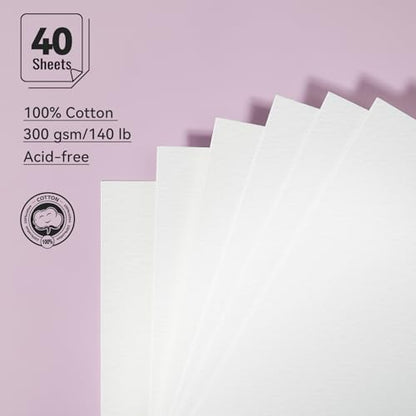 Lightwish Watercolor Paper Bulk Refillable, 100% Cotton Cold Press 300gsm/140lb, 2 Pack, Total 40 Sheets Hole-Punched Replaceable Paper for Artists, Adults, Students,6.69 * 3.94 Inches