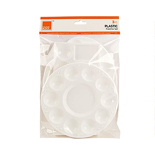 COLOUR BLOCK 3-Piece Plastic Palette Set for Artists - Includes 10-Well Oval, Circular, and Rectangular Palettes - Durable & Lightweight for Watercolors, Acrylics, and Oil Paints