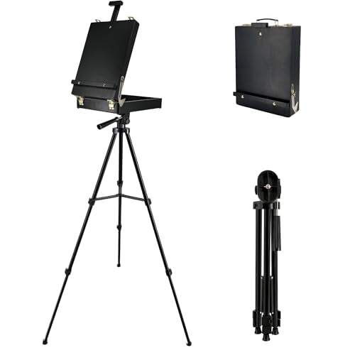 Black French Style Easel Sketch Box with Aluminum Tripod | Lightweight Black Aluminum Tripod, Adjustable Portable Plein Air Easel for Outdoor Painting, Sketching & Painting - color: Black