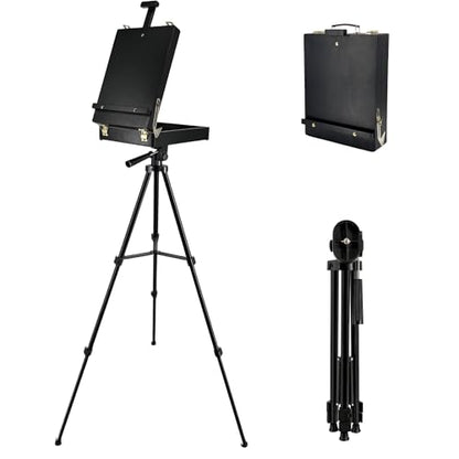Black French Style Easel Sketch Box with Aluminum Tripod | Lightweight Black Aluminum Tripod, Adjustable Portable Plein Air Easel for Outdoor Painting, Sketching & Painting - color: Black