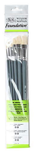 Winsor & Newton Foundation Oil Hog Brush Set, Long Handle, Round Filbert & Flat, 6 Pack - size: Round 3 & 6, Filbert 3 & 6, Flat 10 & 14 (Long)