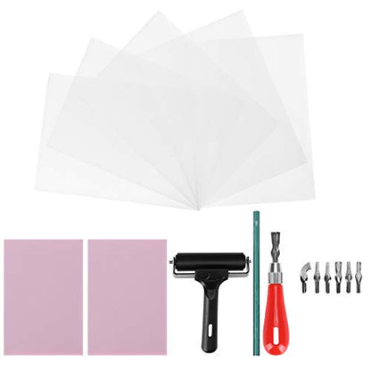 Rubber Carving Kit Stamp Block Making Set, Printmaking Printing Art Craft with Cutter Tools, Complete DIY Rubber Stamp Carving Kit for Beginners and Professionals, Includes 6 Blade
