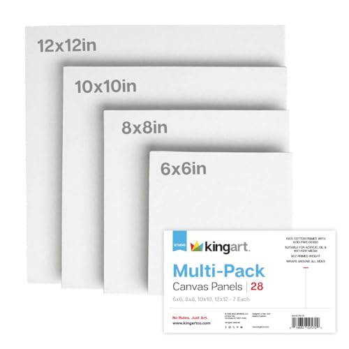 KINGART White Canvas Panel Set – Square Assortment, 28-Pack – 100% Cotton, Triple Gesso Primed Artist Boards for Acrylic, Oil, Sketching, & Mixed Media Painting - color: White, size: Square