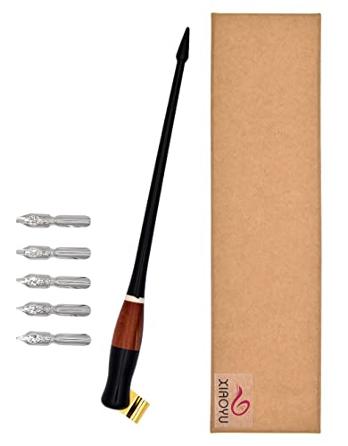 XIAOYU Oblique Wooden Pen Set, Calligraphy Set for Beginners, 5 Calligraphy Dip Pen Nibs, Black - color: Black