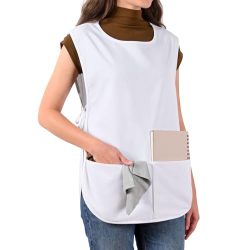 ROTANET Cobbler Apron for Women Men with 2 Pockets Waterproof Art Smock Aprons for Painting Hairstylist Cleaning Adults - color: White