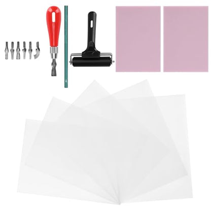 Rubber Carving Kit for Stamp Making, Wireless Printmaking Art Craft Set with 6 Cutter Tools and Engraving Block Set for DIY Rubber Stamps and Soft Media