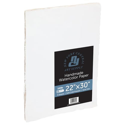 New York Central Handmade Watercolor Paper - 140lb, 22"X30" - 5 Packs of 5, 25 Total Sheets, Acid-Free 100% Cotton Rag, Cold Press, 4 Deckled Edges, Minimally Sized, Mixed Media Paper - size: 22x30"