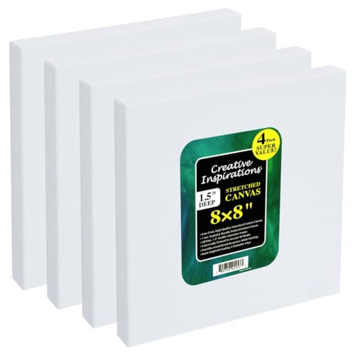 Creative Inspirations Stretched Canvas 4 Pack - 1-1/2" Deep, 8x8", 11oz Sealed & Double-Primed Cotton Canvases, Pine Stretcher Frame, Archival All-Media Primer - Alkyd, Acrylic & Oil Painting - size: 8x8"