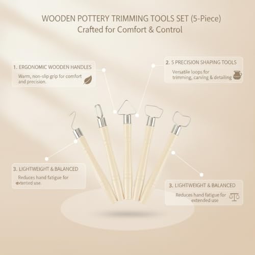 Wooden Pottery Trimming Tools, 5-Piece Sculpting Set for Clay Shaping and Detailing, Handheld Carving Kit for Wheel Throwing and Hand Building (Set of 5) - color: Beige