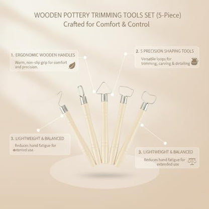 Wooden Pottery Trimming Tools, 5-Piece Sculpting Set for Clay Shaping and Detailing, Handheld Carving Kit for Wheel Throwing and Hand Building (Set of 5) - color: Beige